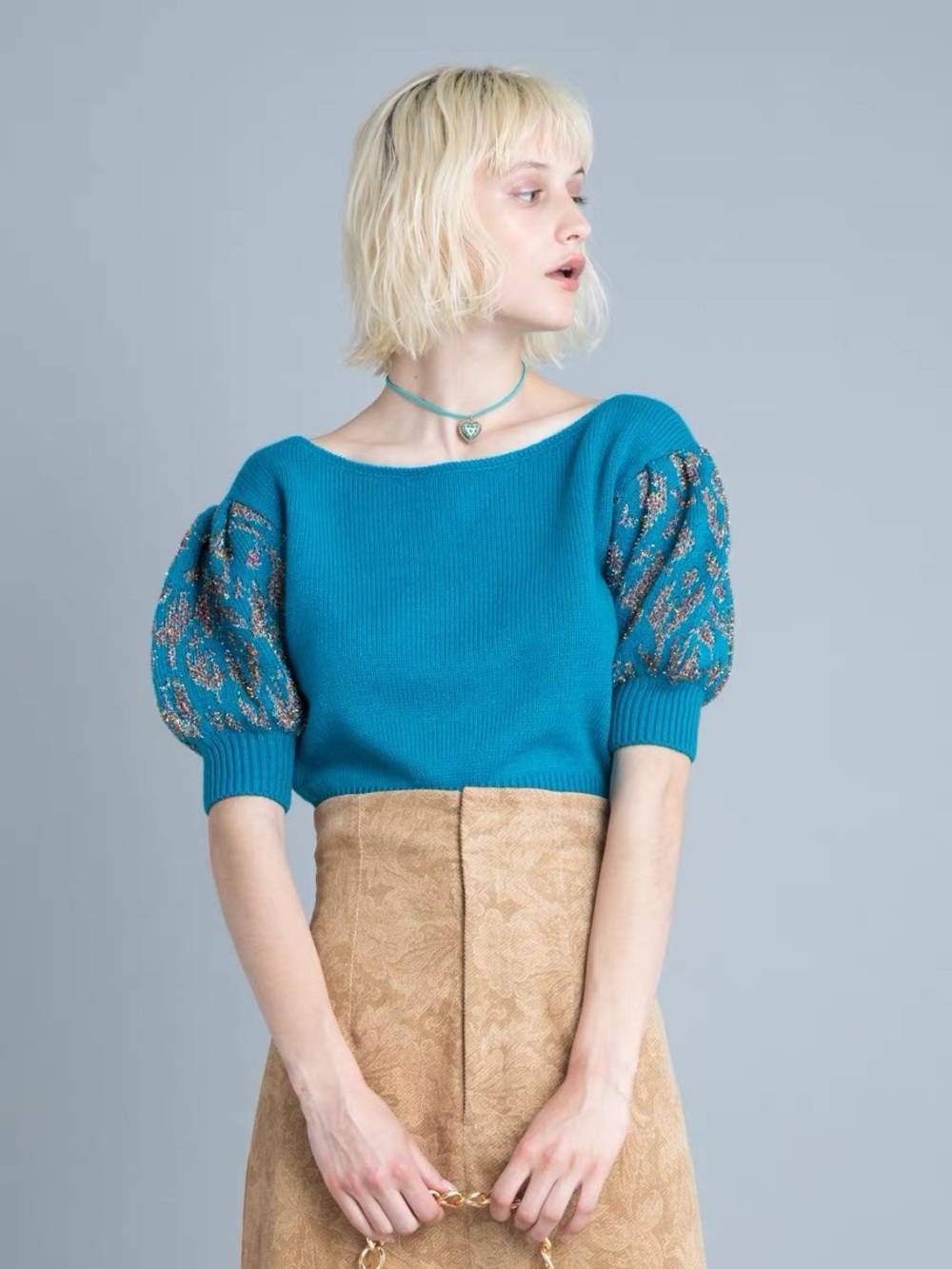 Teal Off-the-Shoulder Puff-Sleeve Sweater